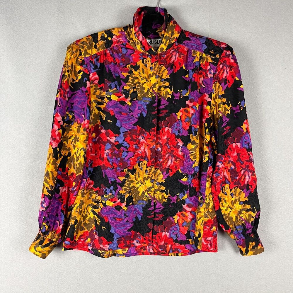 Carlisle Floral 100% Silk Top Womens 10 Blouse Colorful Bright Shoulder Pads‎